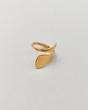 Anello Alice in acciaio inossidabile anallergico color oro. È rappresentato su sfondo grigio chiaro e si vede la forma a spirale più stretta da un lato e più larga dall'altro. È ripreso frontalmente.