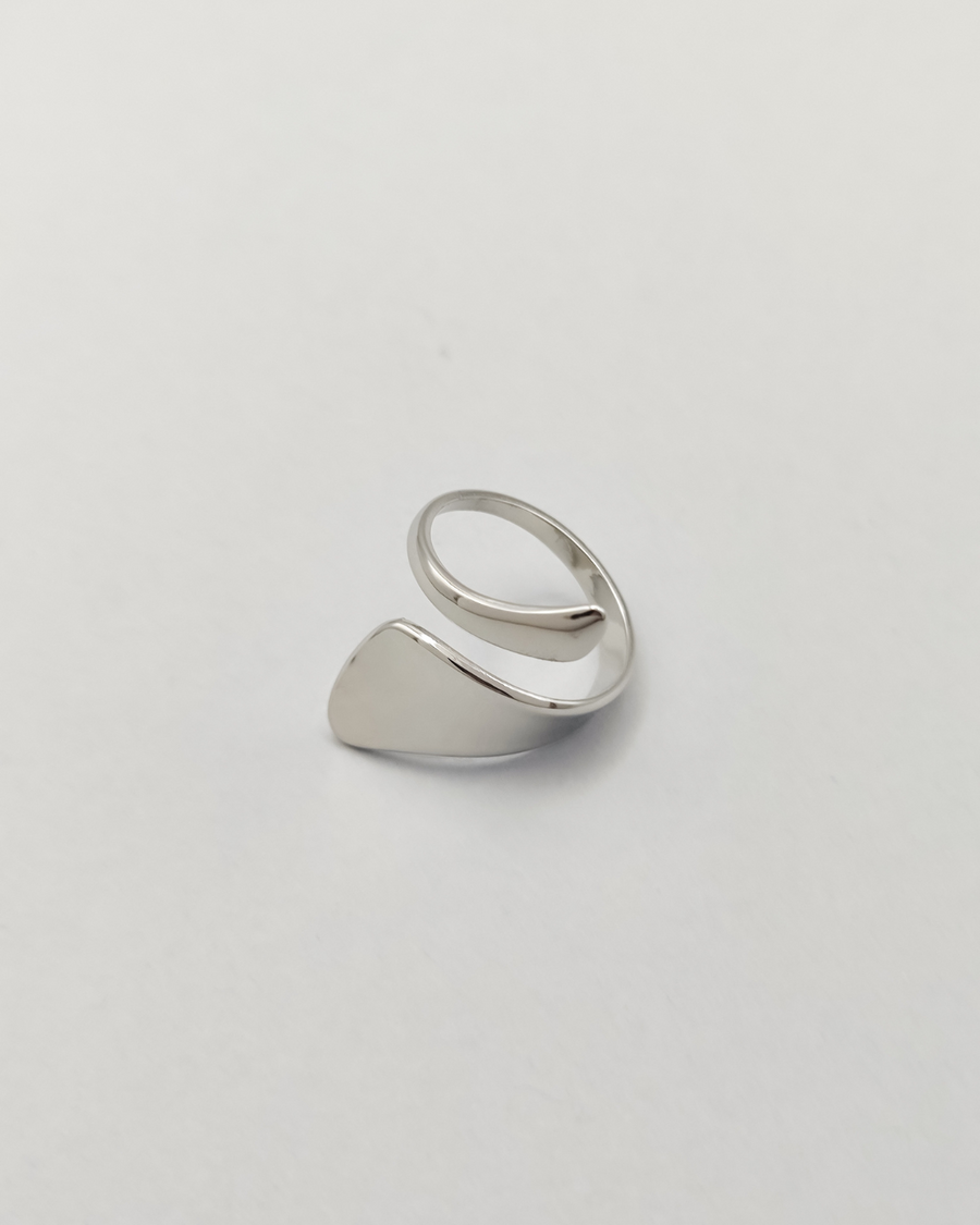 Anello Alice in acciaio inossidabile anallergico color argento. È rappresentato su sfondo grigio chiaro e si vede la forma a spirale più stretta da un lato e più larga dall'altro.