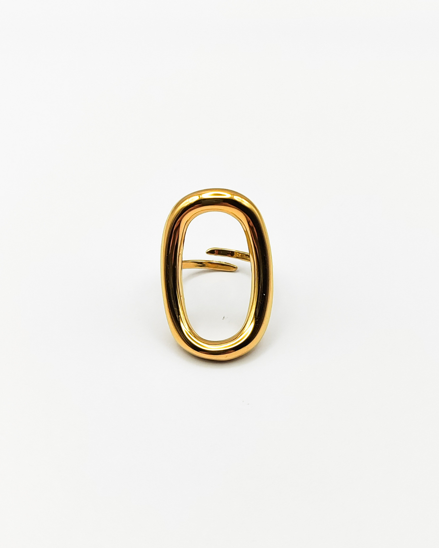 Anello Altea in acciaio inossidabile color oro. È fotografato frontalmente e attraverso l'ovale traforato che si trova sulla parte superiore, si può vedere la chiusura regolabile sul retro.