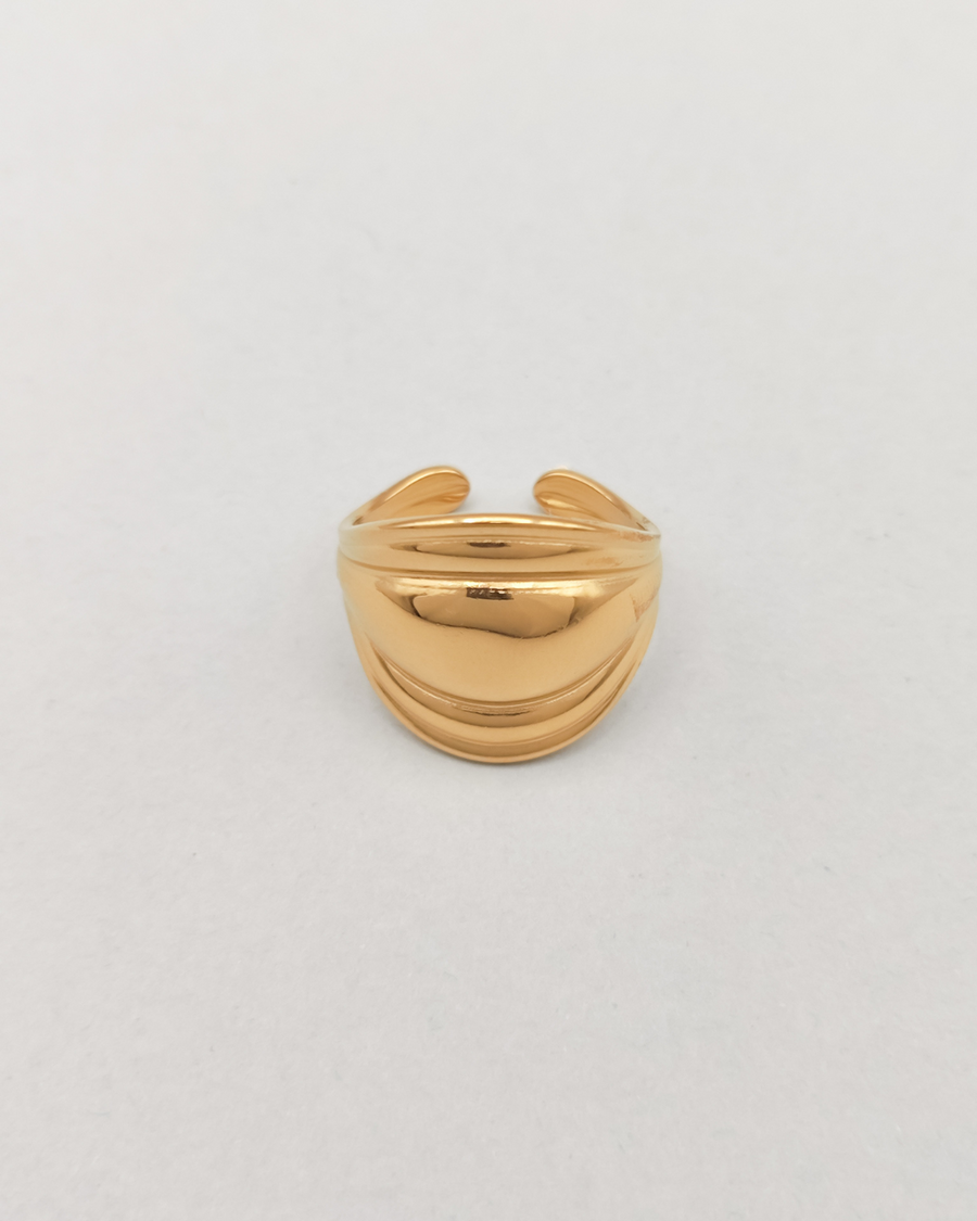 Anello Carlotta in acciaio inossidabile anallergico color oro. È rappresentato frontalmente su uno sfondo grigio chiaro. Ha una forma bombata al centro che si ristringe verso i lati ed ha un finish lucido.