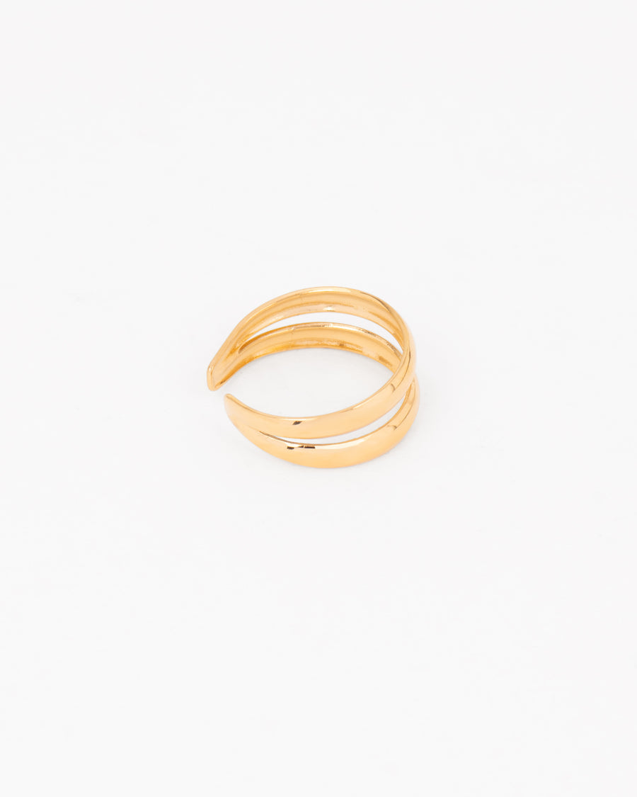 Anello Paola in acciaio inossidabile in colore oro. Ha un design a doppio filo unito alle due estremità ed è regolabile. È realizzato in materiale anallergico e resistente all'acqua. L'immagine lo ritrae lateralmente.