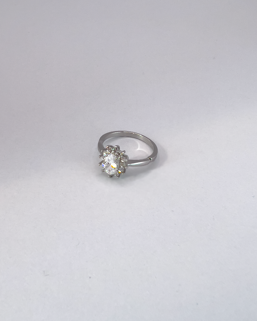 Anello Elisabetta, modello princess, in acciaio inossidabile color argento e zirconi. La pietra centrale è contornata da più pietre piccole. L'anello è ripreso in tre quarti su uno sfondo grigio chiaro.