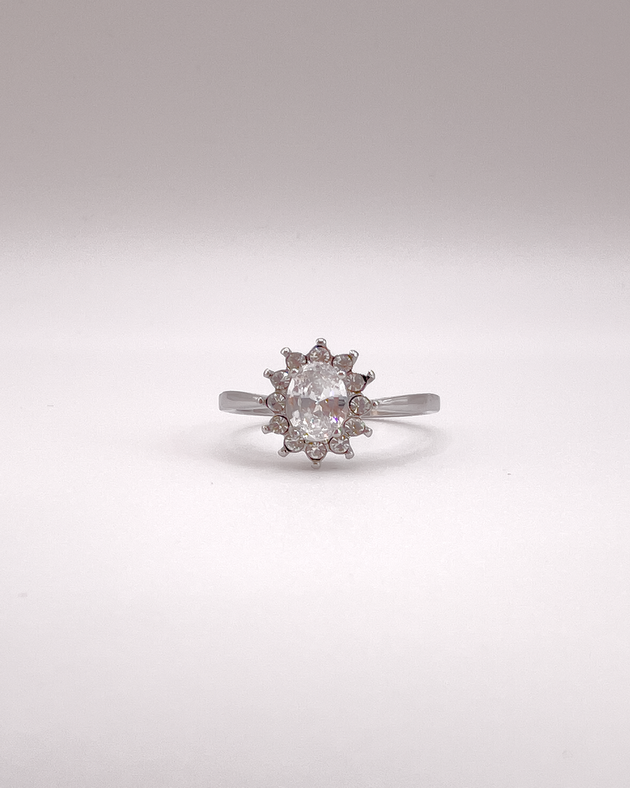 Anello Elisabetta, modello princess, in acciaio inossidabile color argento e zirconi. La pietra centrale è contornata da più pietre piccole. L'anello è ripreso frontalmente su uno sfondo grigio chiaro.