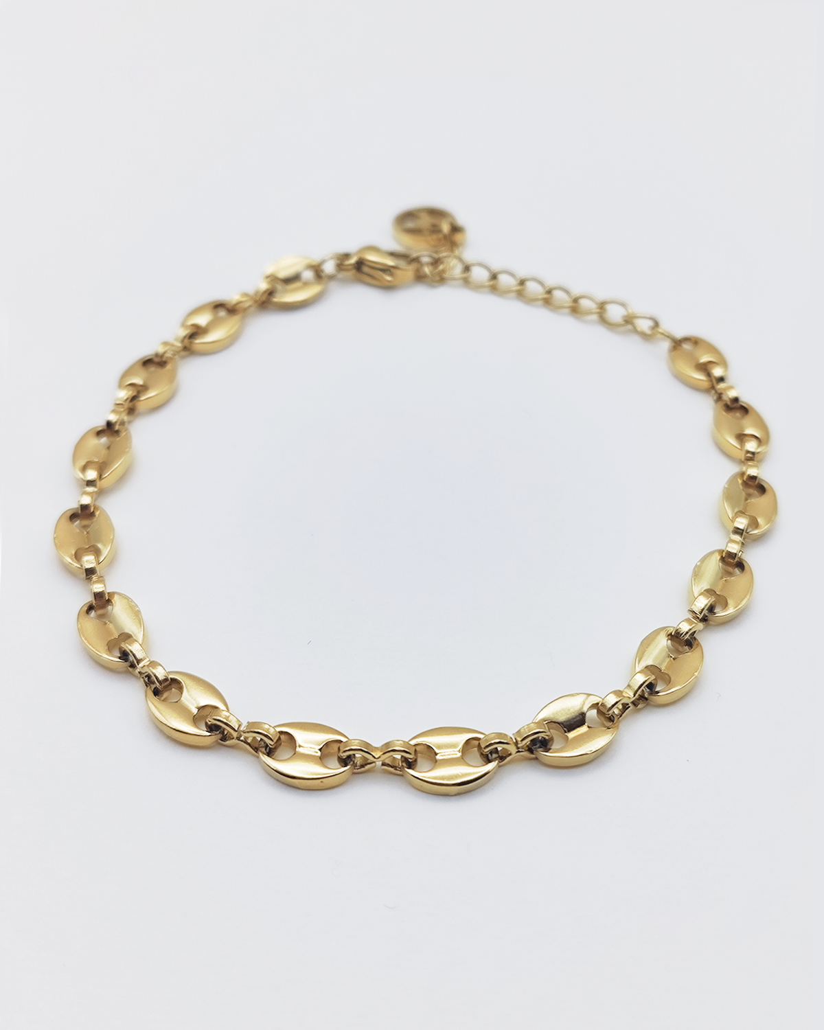 Bracciale Elena in acciaio inossidabile anallergico e waterproof color oro. E' composto da tanti ciondoli ovali legati a catena. E' regolabile e rappresentato su uno sfondo grigio chiaro.