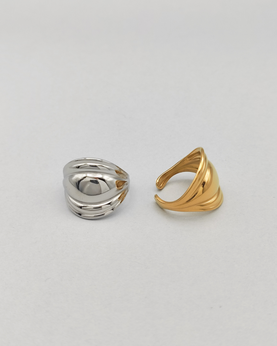 Coppia di anelli Carlotta in acciaio inossidabile anallergico color argento e oro. L'anello argento èrappresentato frontalmente su uno sfondo grigio chiaro. Ha una forma bombata al centro che si ristringe verso i lati ed ha un finish lucido e si vede la chiusura regolabile sul retro. Quello dorato è invece ripreso lateralmente.