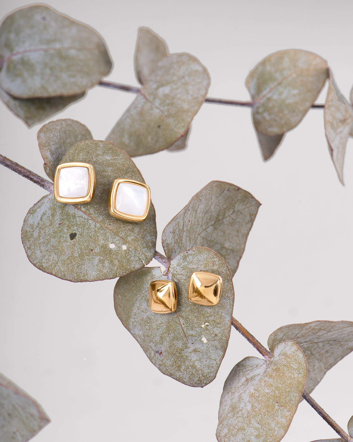 Doppia coppia di orecchini Celeste in acciaio inossidabile colorazione oro, presentati in due versioni appesi a delle foglie di eucalipto. Sono di forma quadrata, leggermente bombata al centro e sono disponibili con finish lucido oppure con il centro in madreperla. In entrambe le versioni sono resistenti all'acqua e anallergici.